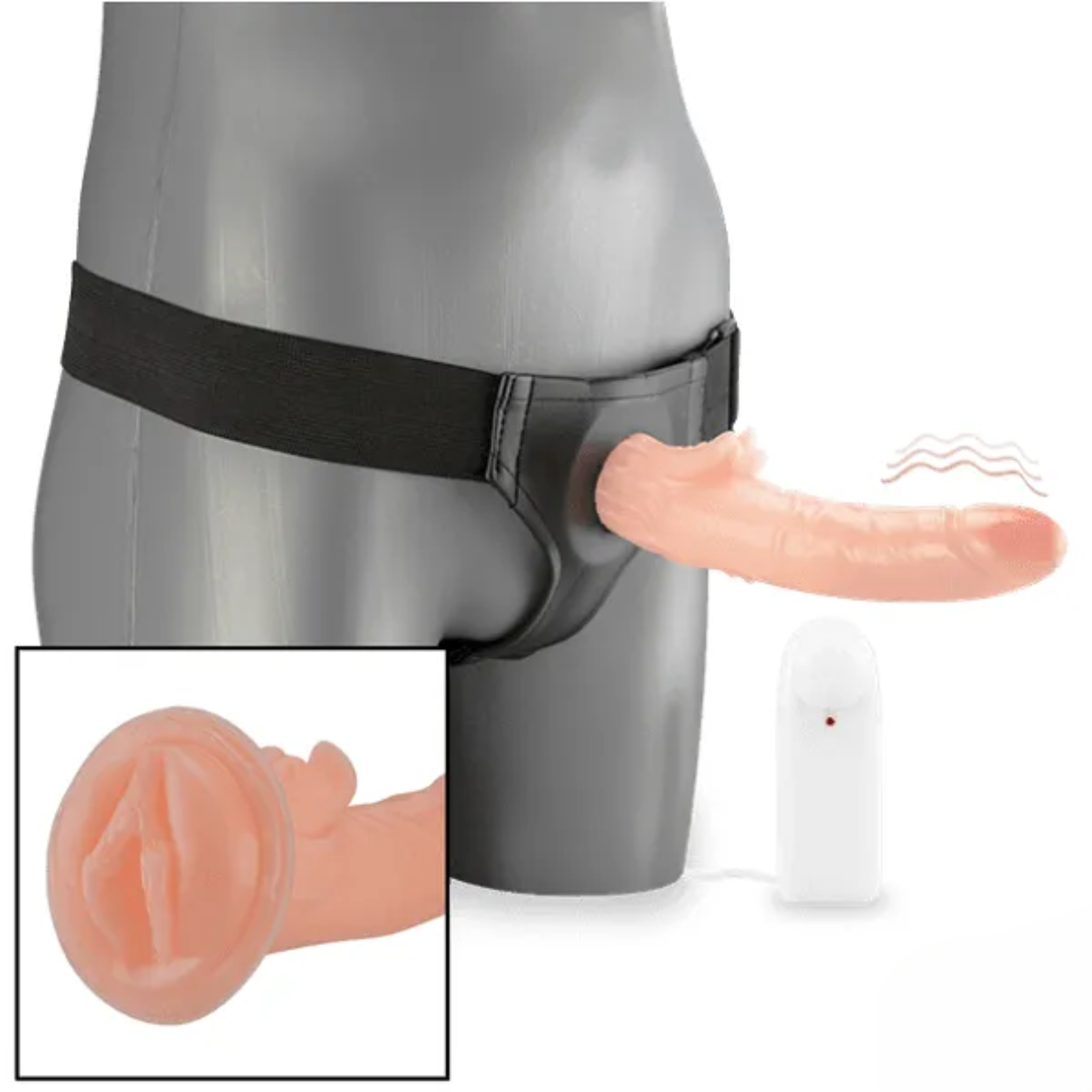 7 Inch Vibrating Strap-On Dildo with Hollow and Attached Pussy